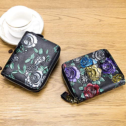 Genuine Leather Zip Wallet First Layer Cowhide RFID Blocking Organ Hand Painted Flower Card Holder Purse Coin Pocket Women Clutch Bag (Silver Rose)3