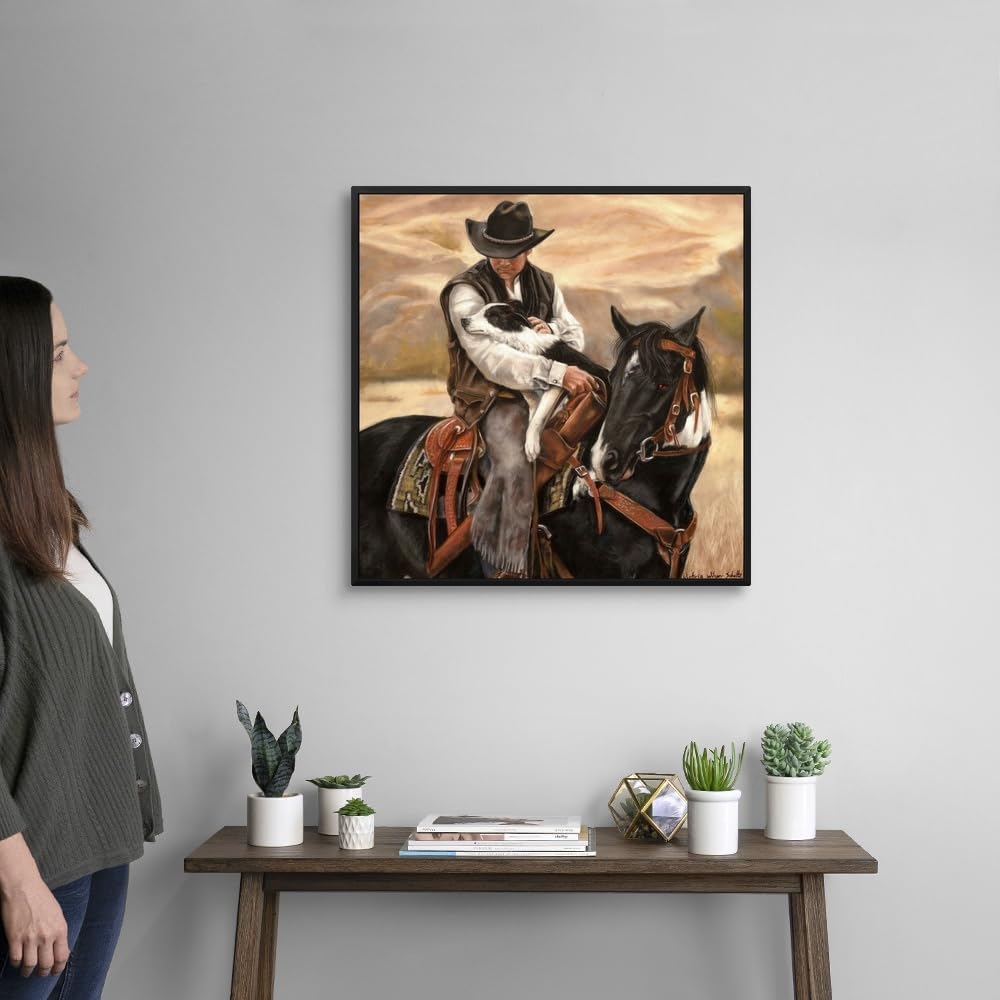 CANVAS ON DEMAND All A Cowboy Needs Black Float Framed Canvas Wall Art Print by Victoria Wilson Schultz, Contemporary, Traditional, Home Decor, Animal, Dog Artwork,24" x24in