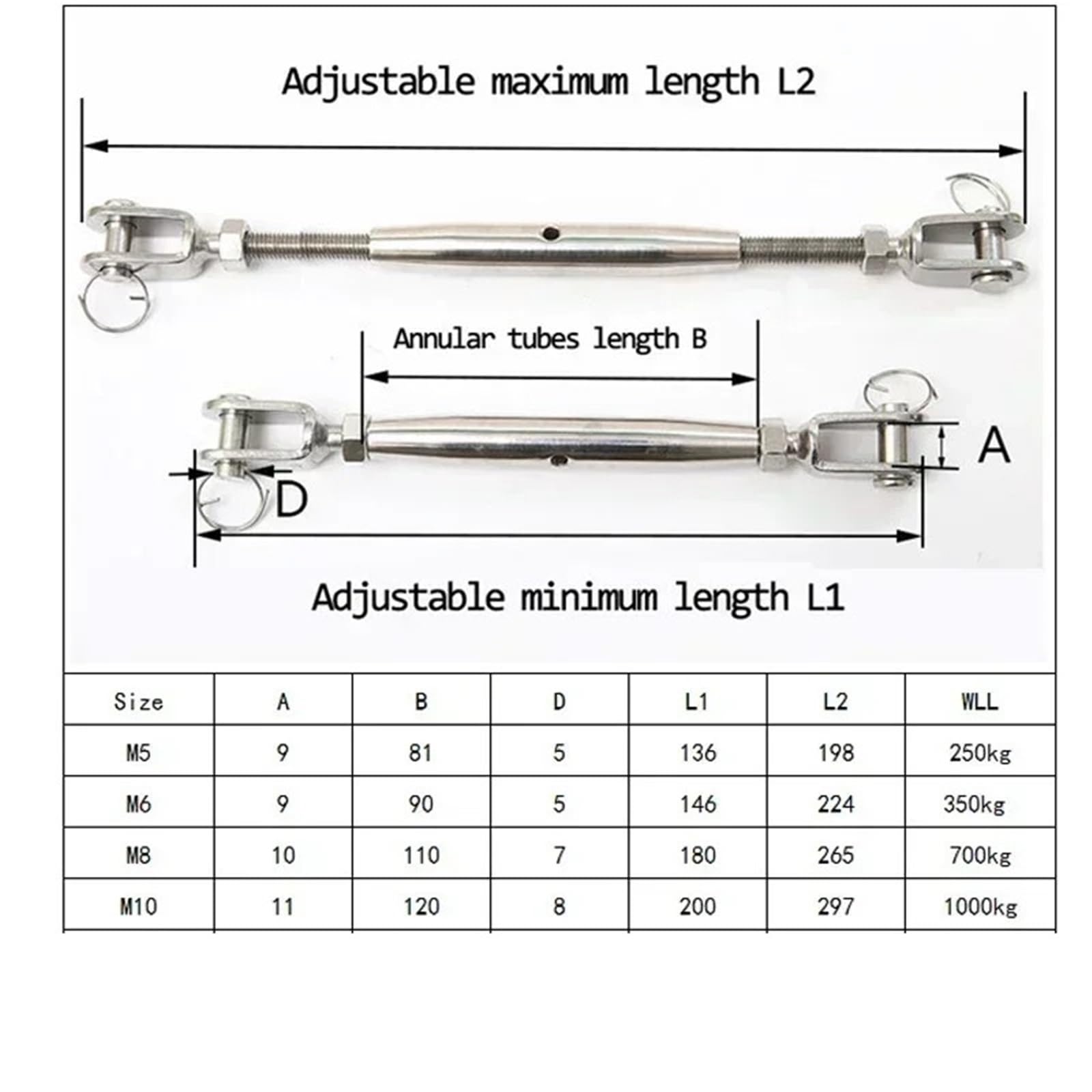 Ajustador de Longitud Cuerda Alambre, Tensor, Tornillo Cuerpo Cerrado, mandíbula, Abrazaderas Ajuste Perno, Cable, 8 Uds(M8)