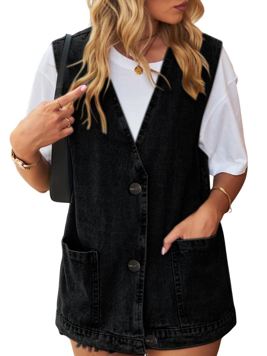 Womens Sleeveless Denim Vest Button Down Jean Waistcoat Oversize Jean Jacket Coat with Pocket