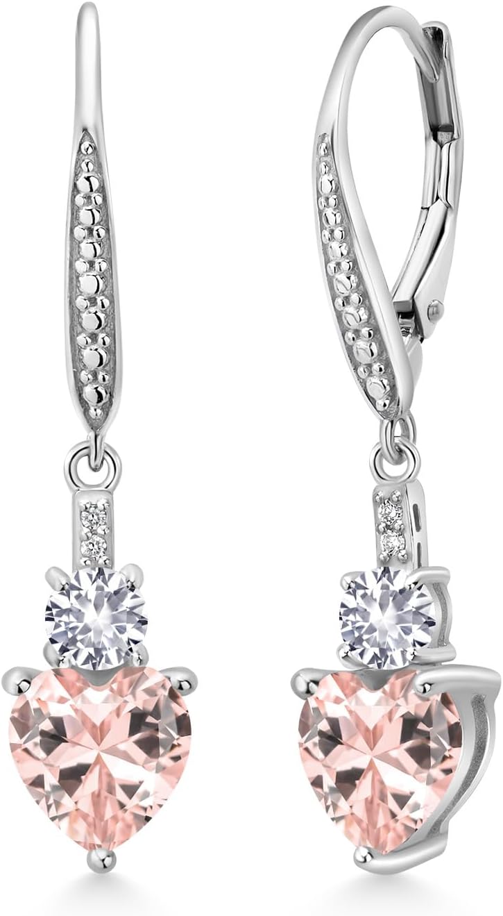 Gem Stone King 925 Sterling Silver Peach Nano Morganite White Created Sapphire and White Lab Grown Diamond Drop Dangle Earrings For Women (3.03 Cttw, Heart Shape 7MM, Round 4MM)