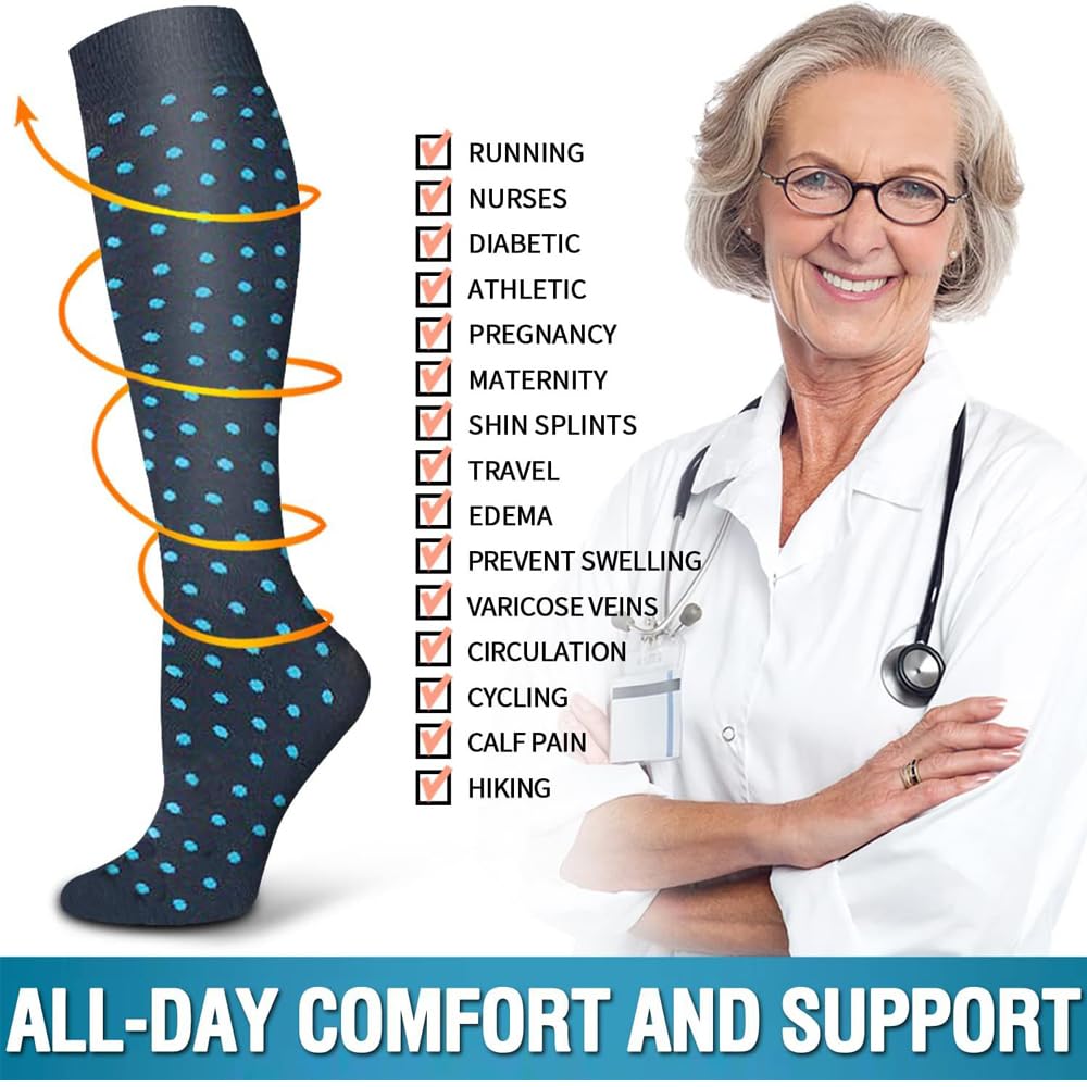 Lot de 6 paires de chaussettes de compression pour homme et femme - Chaussettes de contention colorées pour le sport, la course, les voyages, le cyclisme