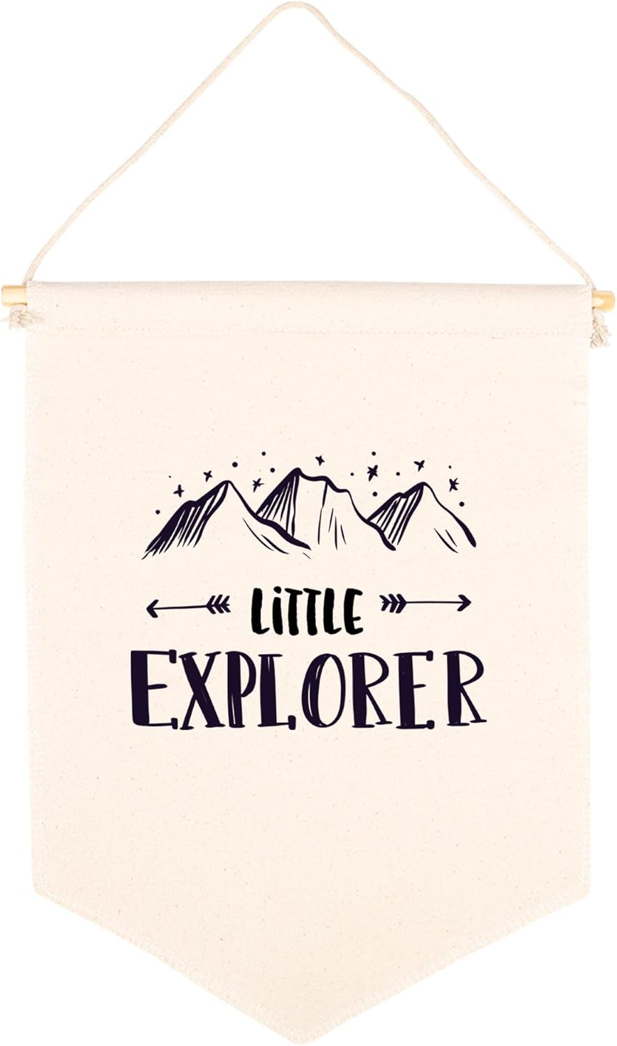 Andaz Press Hanging Wall Canvas Banner - Little Explorer Tapestry for Baby Girl, Boy, Kids Nursery Wall Decoration - Pennant Flag Wall Art Decor, 1-Pack