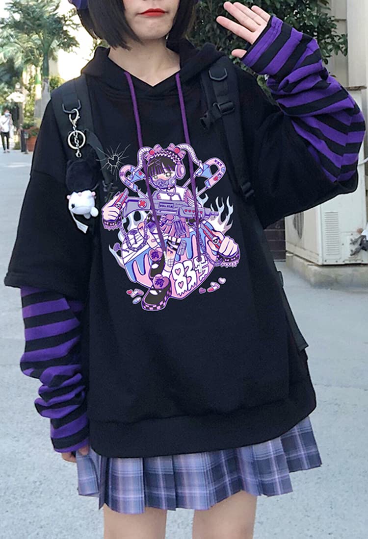 WINKEEY Sweat à Capuche Animé Y2K Pull Gothique Japonais Kawaii Femme Impirmé Manga Motif Mignon Sweatshirt Harajuku à Manches Longues
