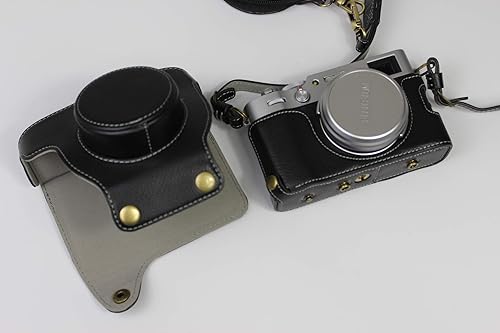 Vista 16 de Funda X100V, de piel auténtica hecha a mano, de cuerpo completo, para cámara Fujifilm Fuji X100V, versión de apertura inferior + correa para el Café