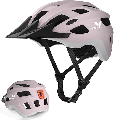 Casco de bicicleta para adultos, casco ligero de bicicleta de montaña con luz trasera LED recargable por USB, visera solar extraíble para mujeres,