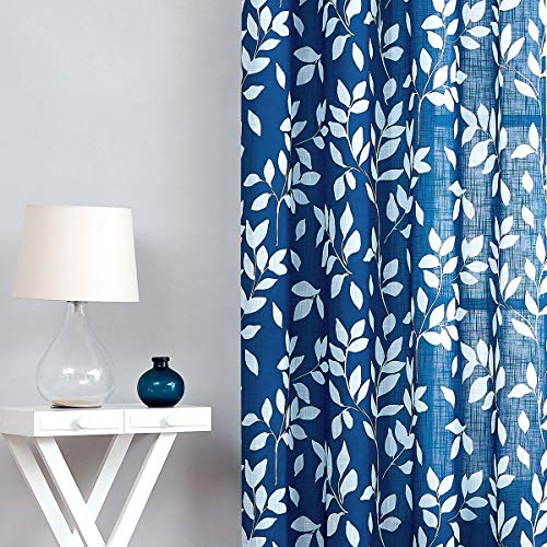 Image of Royal Blue Semi Sheer Curtains for Sliding Glass Door 100 inchx 84 inch Extra Wide Glass Door Curtain Panels Linen Textrued White leaf Pattern Curtain Dripes for Living Room Window Draperies Grommet 1pcs