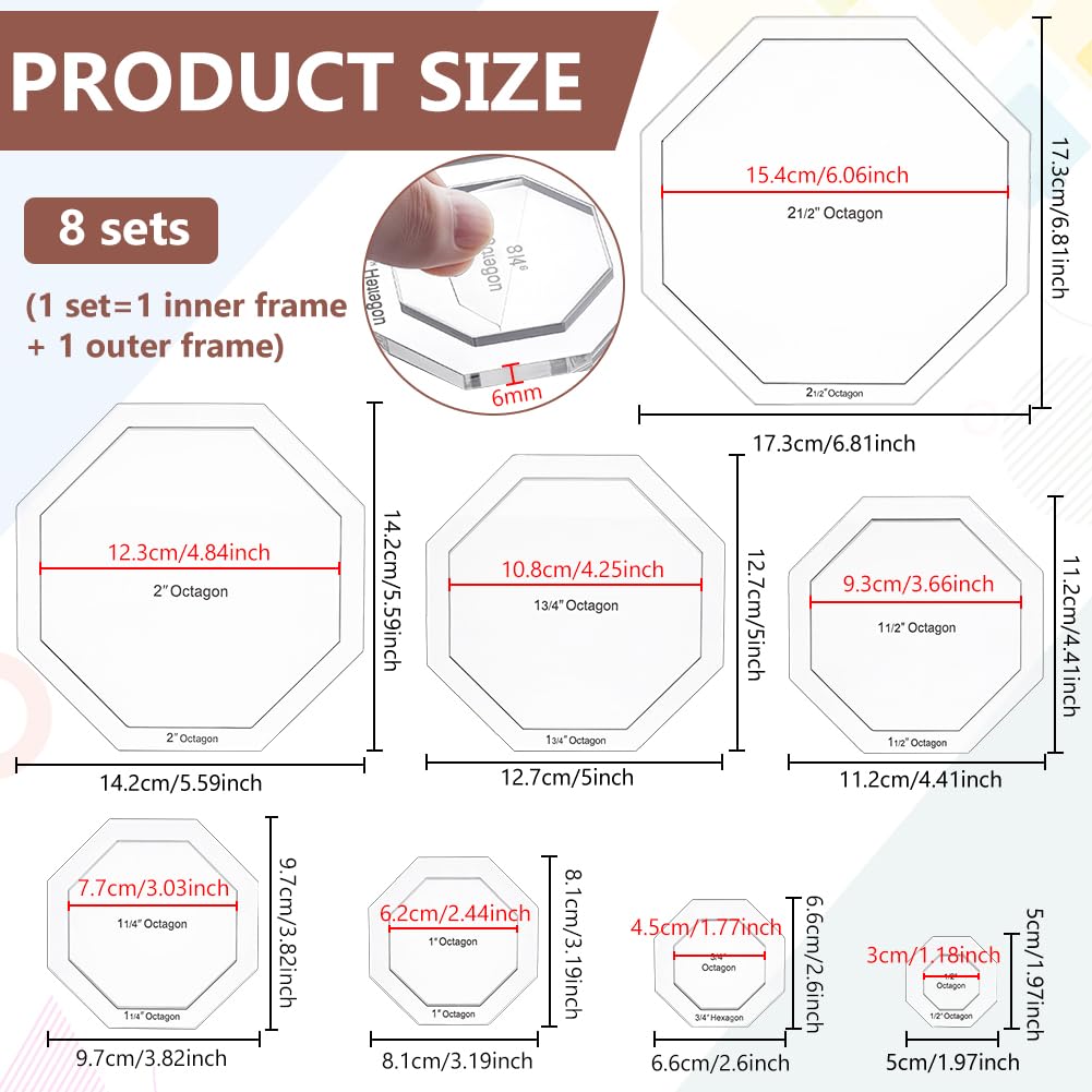 BENECREAT Modello per Trapuntatura Ottagonale 16 Dimensioni, Righelli Trasparenti in Acrilico per Quilting, Guide di Cucito 6mm