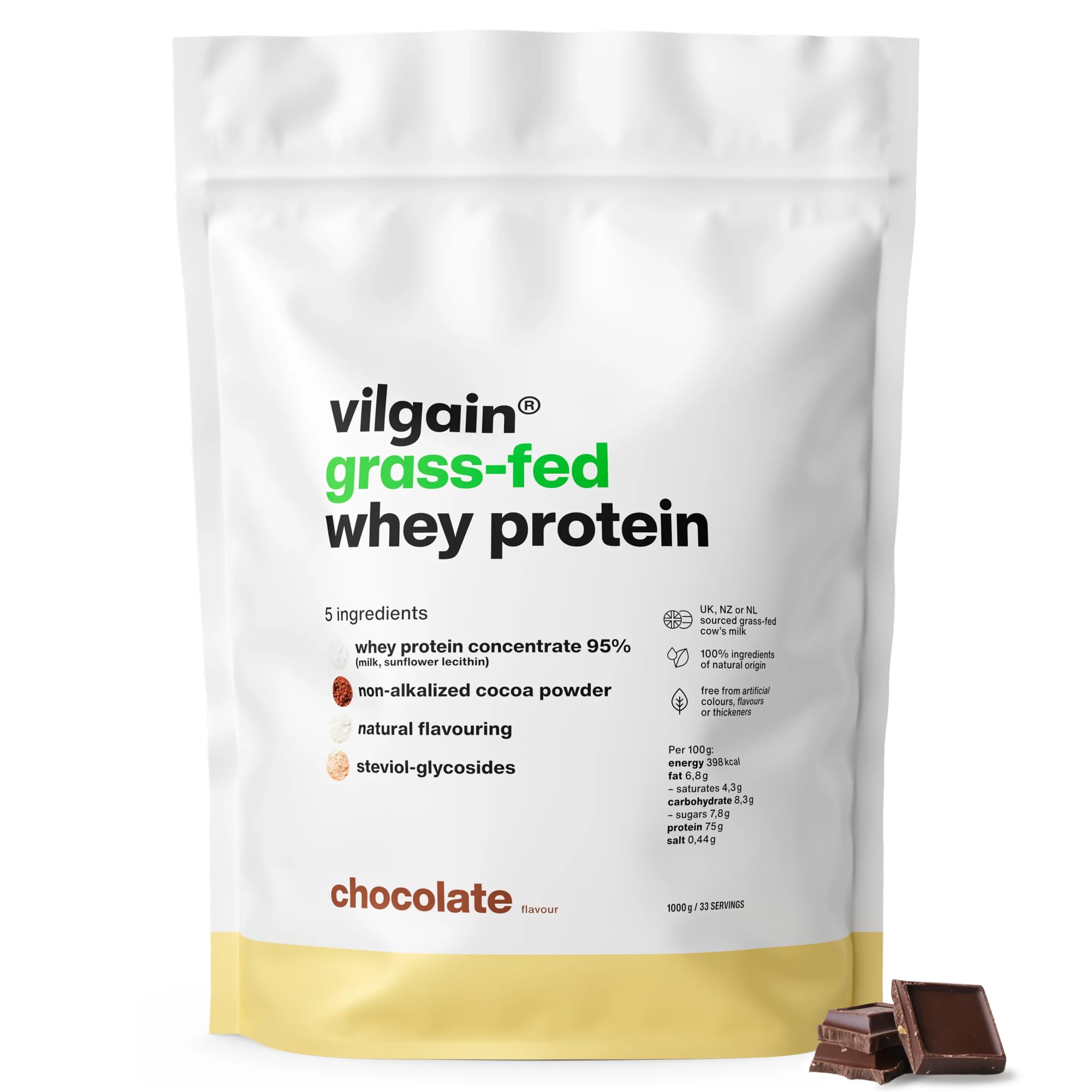 Vilgain Grass-Fed Whey Protein Powder Chocolate 1000g | 22.5g Protein per Serving | British Sourced | Naturally Sweetened with Stevia