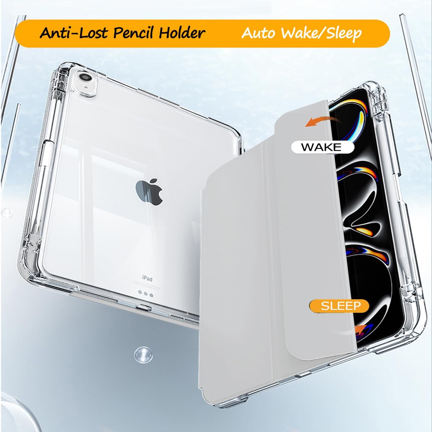 Case for iPad Air 11 Inch M4 (2026 8th)/M3 (2025 7th)/M2 (2024 6th Generation), 5th/4th Gen (2022/2020) 10.9 Inch with Pencil Holder, Detachable Slide Trifold Stand, Slim Clear Back Shell (Grey)
