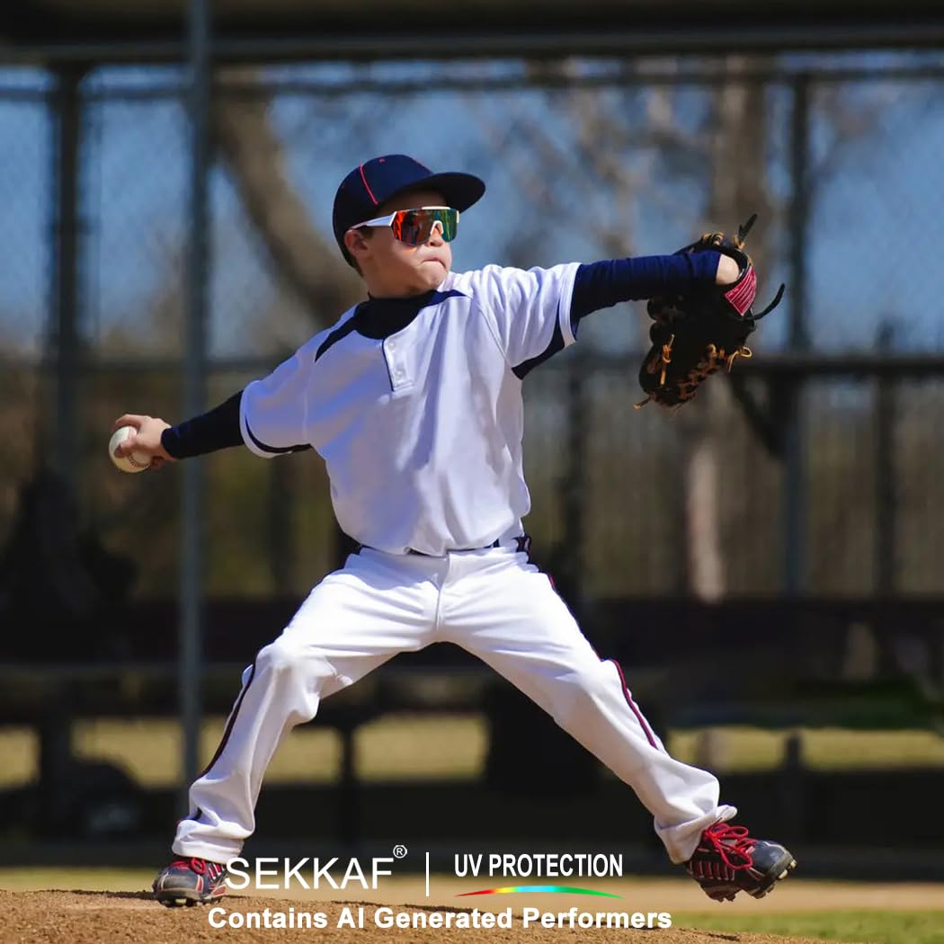 SEKKAF Paquete de 3 lentes de sol polarizados de béisbol para niños y niñas, para deportes, sóftbol, protección UV, Paquete de 3, negro, verde, blanco y azul, 66 Millimeters