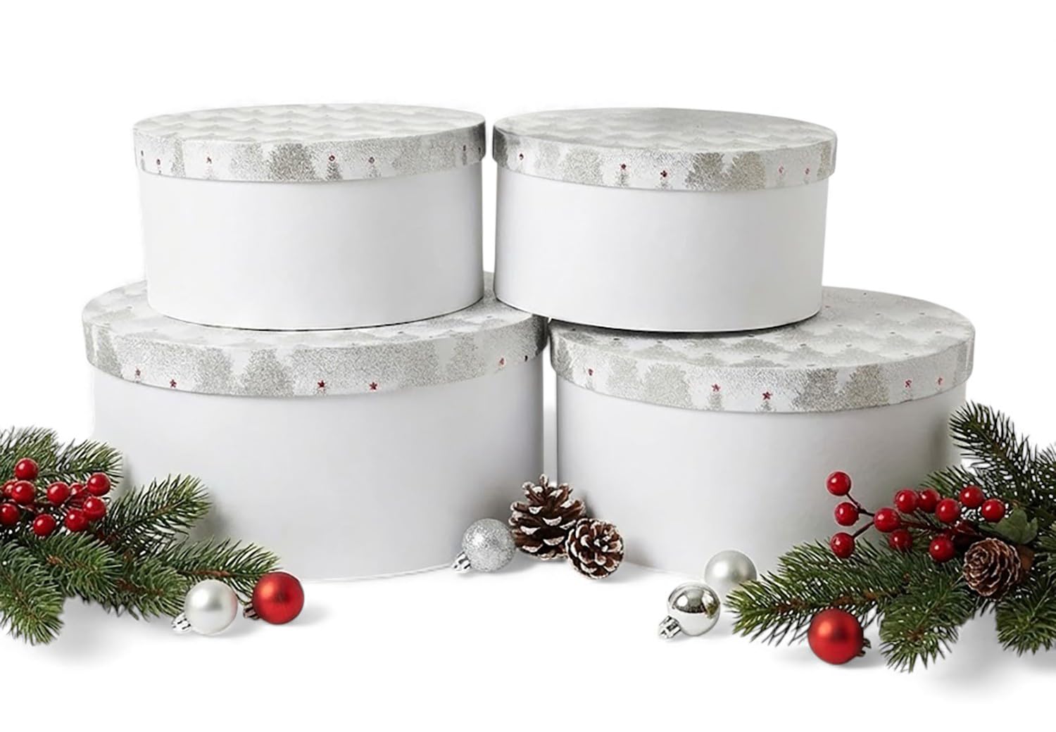 Emartbuy Set of 4 Round Handmade Cotton Paper Gift Box, Glitter Trees, White Interior