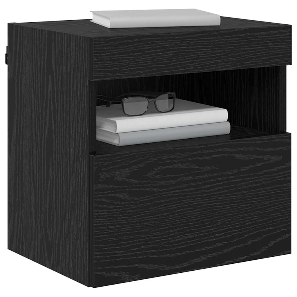 Étagère murale pour TV, aspect chêne, noire, 40 x 30 x 40 cm, en matériau du bois, support TV flottant, avec éclairage LED, console multimédia pour salon, chambre à coucher, centre de