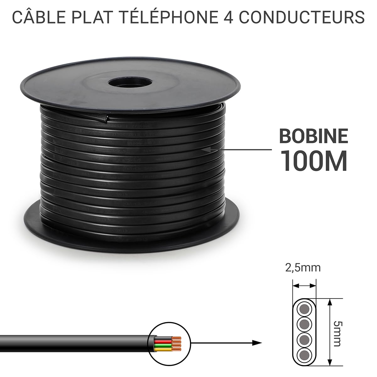 Bobina di cavo piatto 4 conduttori RJ11 100.00 m nera
