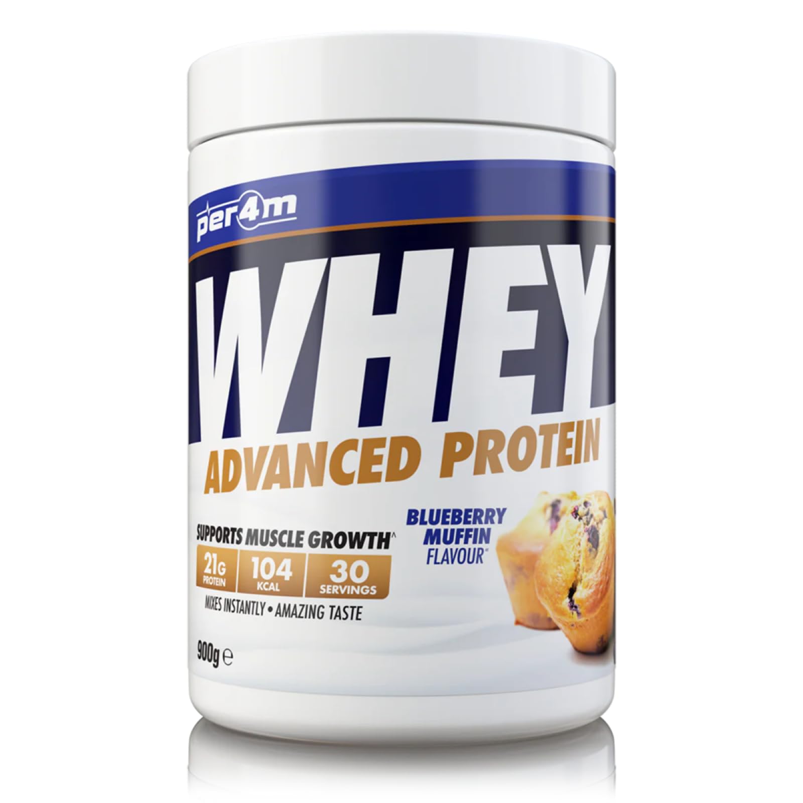 per4mWhey Protein Powder | High Protein Shake for Muscle Growth & Recovery | Low Sugar Gym Supplement | Sports Nutrition Drink + Amino Acids (900g, Blueberry Muffin)