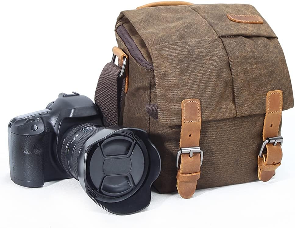 – Camera Bag, Vintage Canvas Camera Shoulder Bag Waterproof Leather Trim DSLR SLR Shockproof Camera Messenger Bag Brown