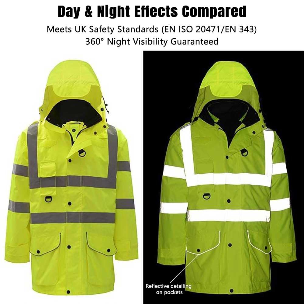 Chaqueta de alta visibilidad personalizada para hombre, certificado EN ISO 20471, impermeable, reflectante, ropa de trabajo de seguridad con forro desmontable, color amarillo y naranja, añade