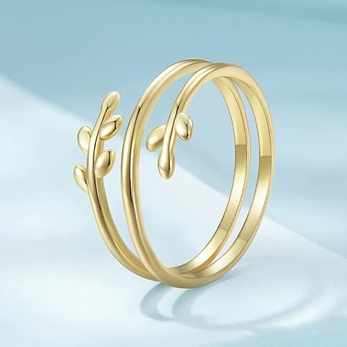 Miniatura 2 de MUNDELL Anillo ajustable de plata de ley 925 simple multicapa con hojas verdes de la suerte, anillo de promesa para mujer, joyería fina