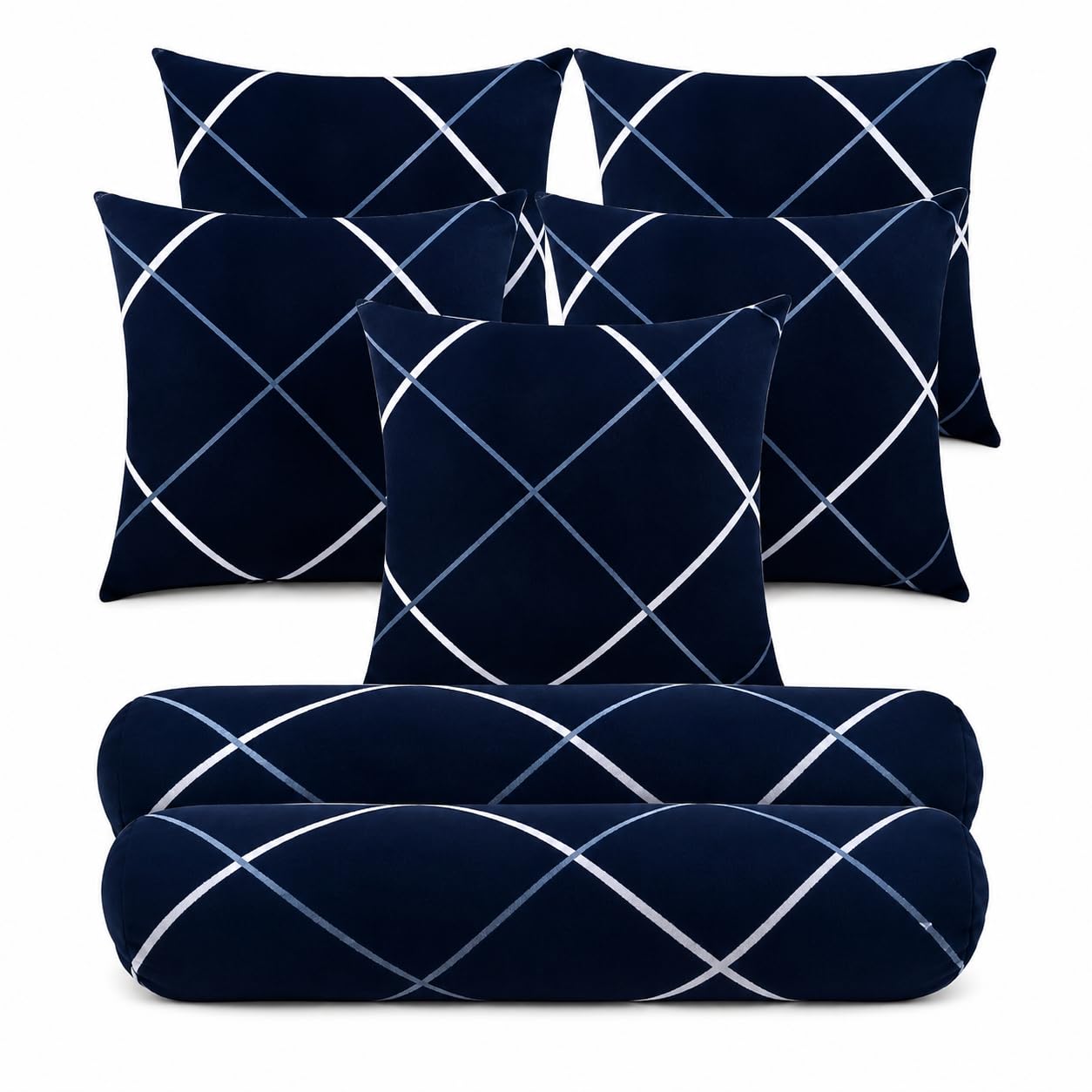 Priya Makers Navy Blue Diwan Set 7 Piece, 5 Cushion & 2 Bolster | 18x18 cm Cushions, 16x60 cm Bolsters, Diamond Pattern, Sofa Decor Set, Filled Pillows-image-40