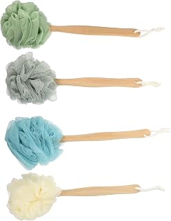 Beavorty Loofah Scrubber 4pcs Shower Loofah on a Stick Scrubber Handled Mesh Bath Sponge Pouf Luffa Brush with Wood Handle Hanging Rope for Men Women Body Wash Lotion Applicator Shower Loufah Sponge