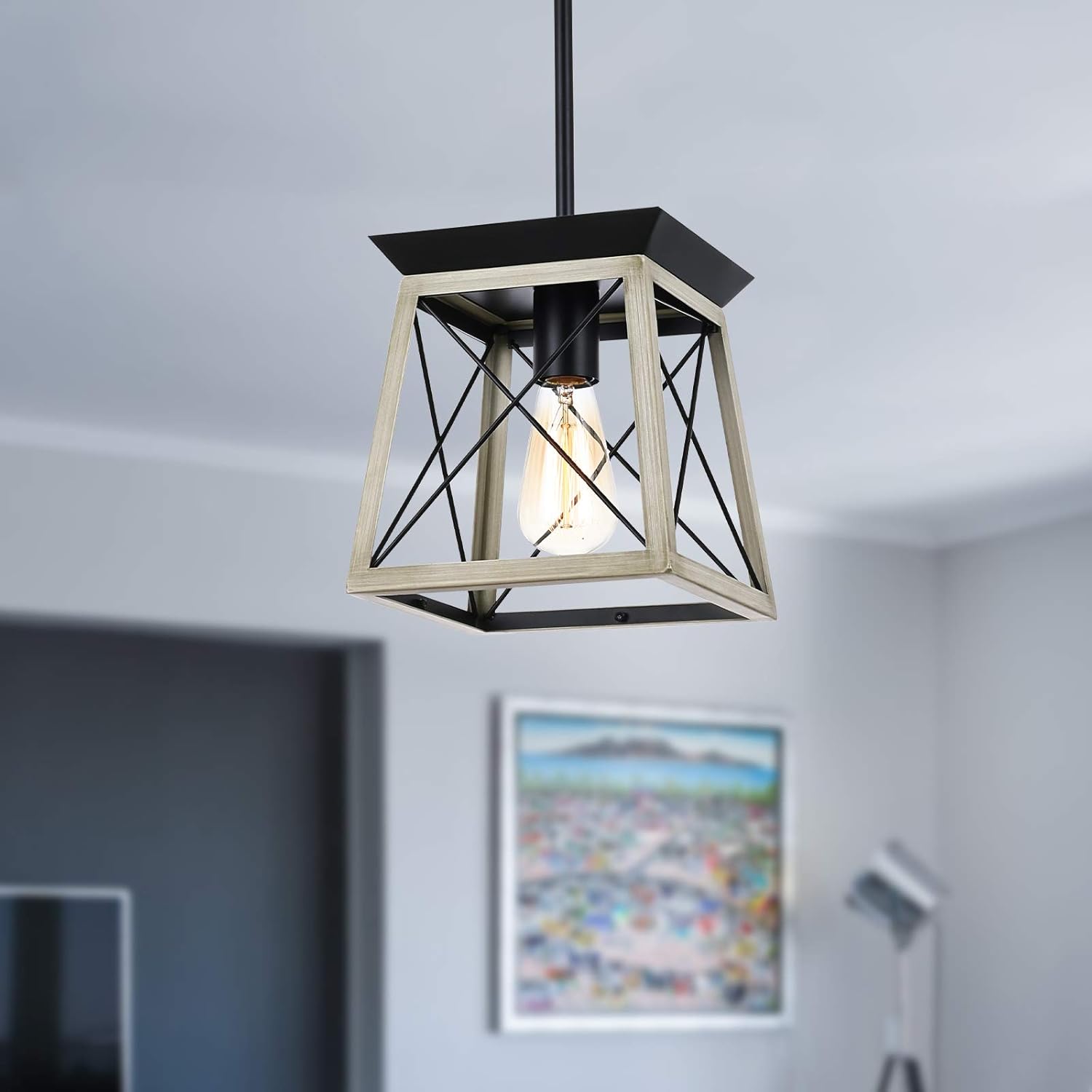 Big Sale LUBURS Kitchen Island Lighting, Farmhouse Linear Chandelier, Black Lantern Foyer Lighting Chandeliers, Vintage Pendant Ceiling Lamp for Dining Room Kitchen Living Room Farmhouse (1-Light)