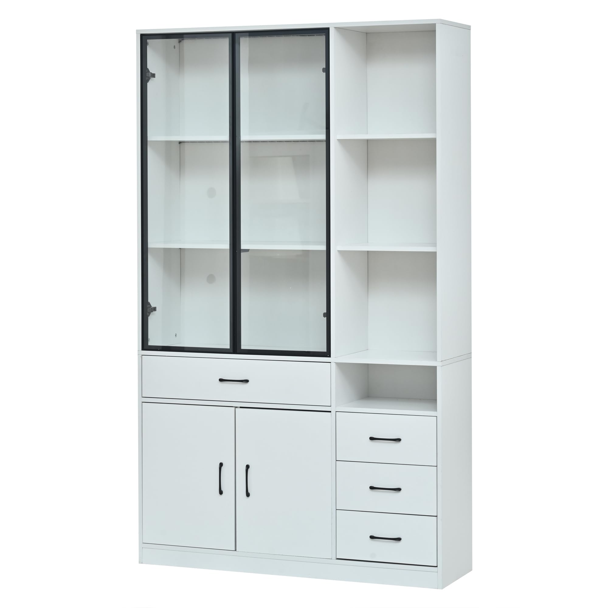 Kebnor Armario alto con vitrina de cristal y LED, estantería para libros con 13 zonas de almacenamiento, 4 cajones y puertas, armarios de almacenamiento, armarios de almacenamiento, adecuado para