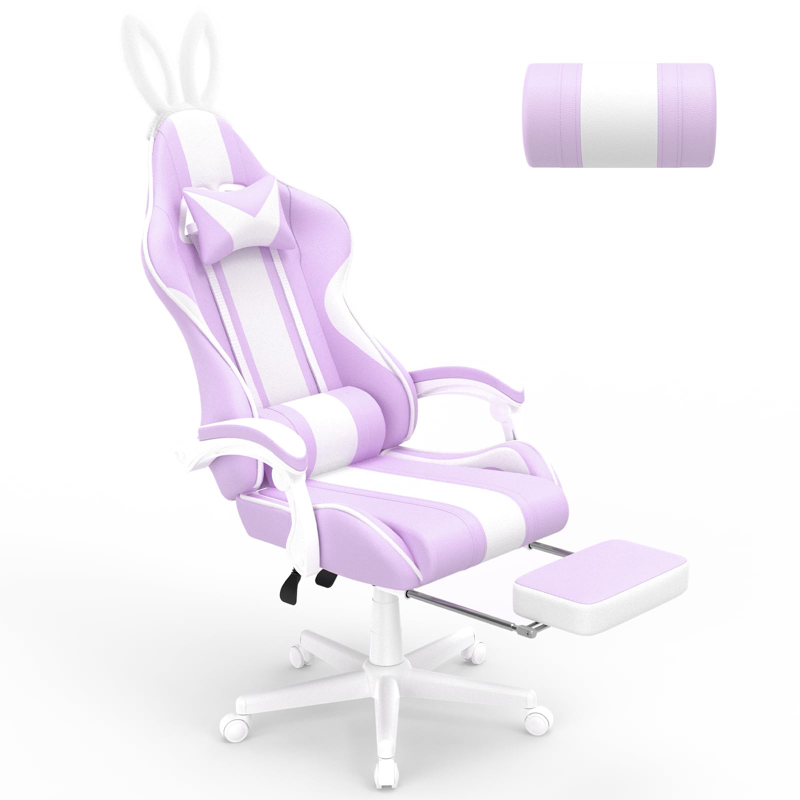 Soontrans Silla Gaming Ergonómica con Reposapiés – Silla Gamer para Niñas con Orejas Desmontables, Respaldo Ajustable, Cojín Lumbar y Reposacabezas, Silla Gaming Mujer Cómoda,Morado