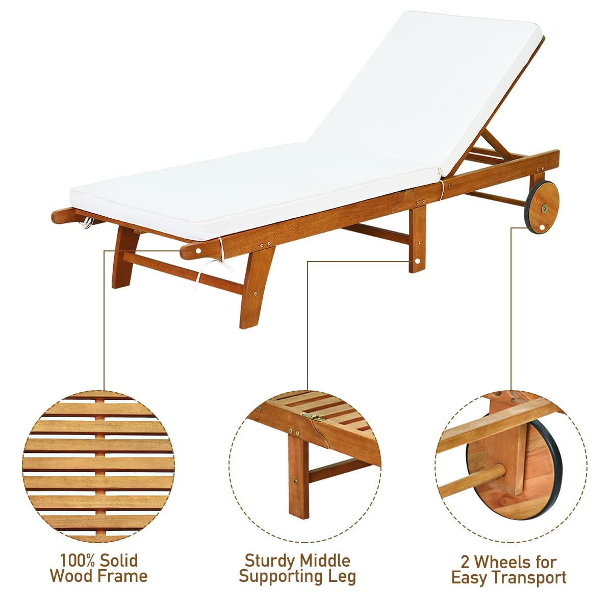 GIANTEX Sonnenliege Klappbar, Mobile Gartenliege mit Rollen, Liegestuhl mit Verstellbarer Rückenlehne, inkl. Kissen, Relaxliege Strandliege Massivholz bis 160 kg belastbar, Liege Garten (Holz)