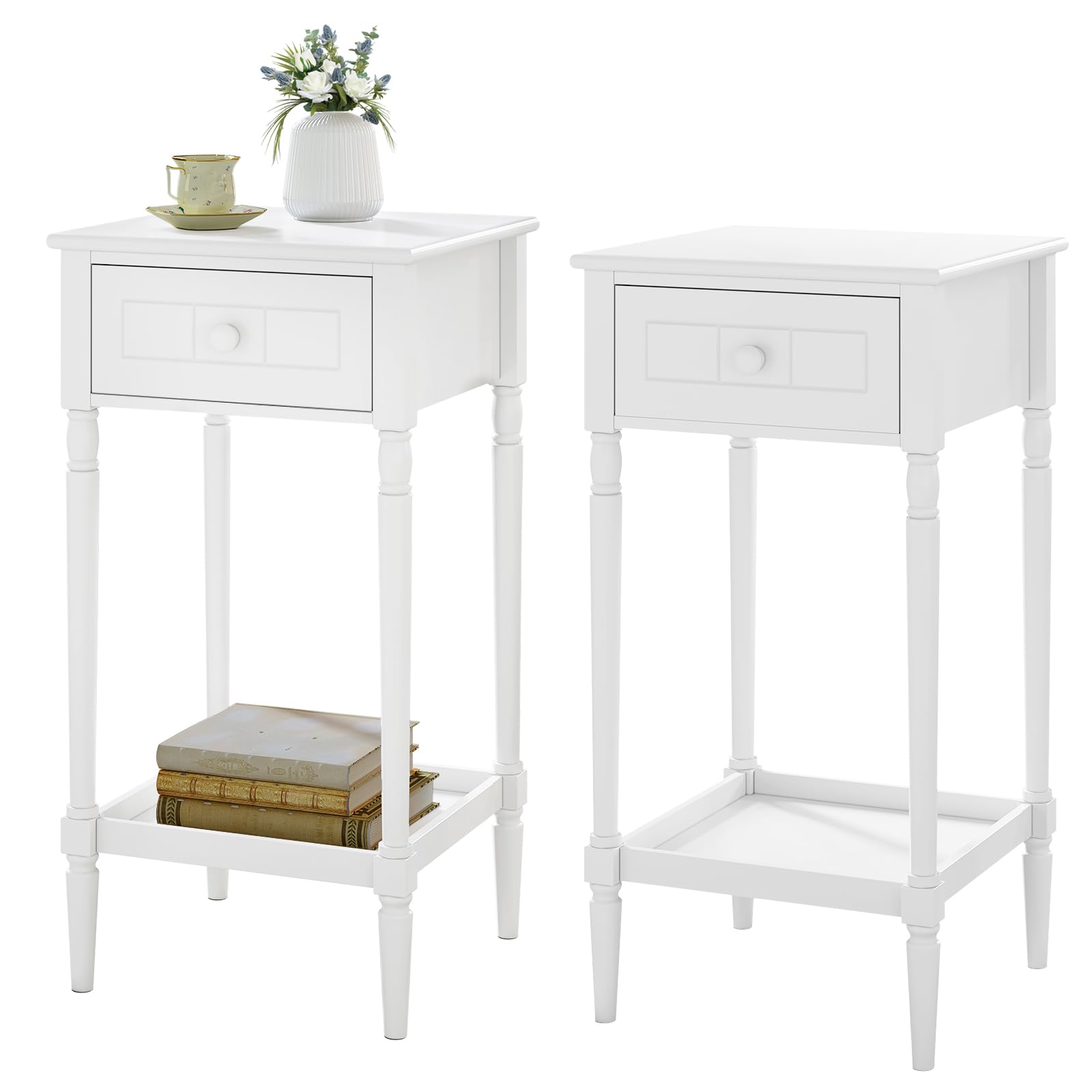 WOLTU Bedside Table 2-Pack, Nightstand with Drawer and Open Shelf, Wooden Bedside Cabinet, Tall Side Table for Bedroom/Living Room, 35.5x35.5x71.5cm, NTS09ws-2-UK