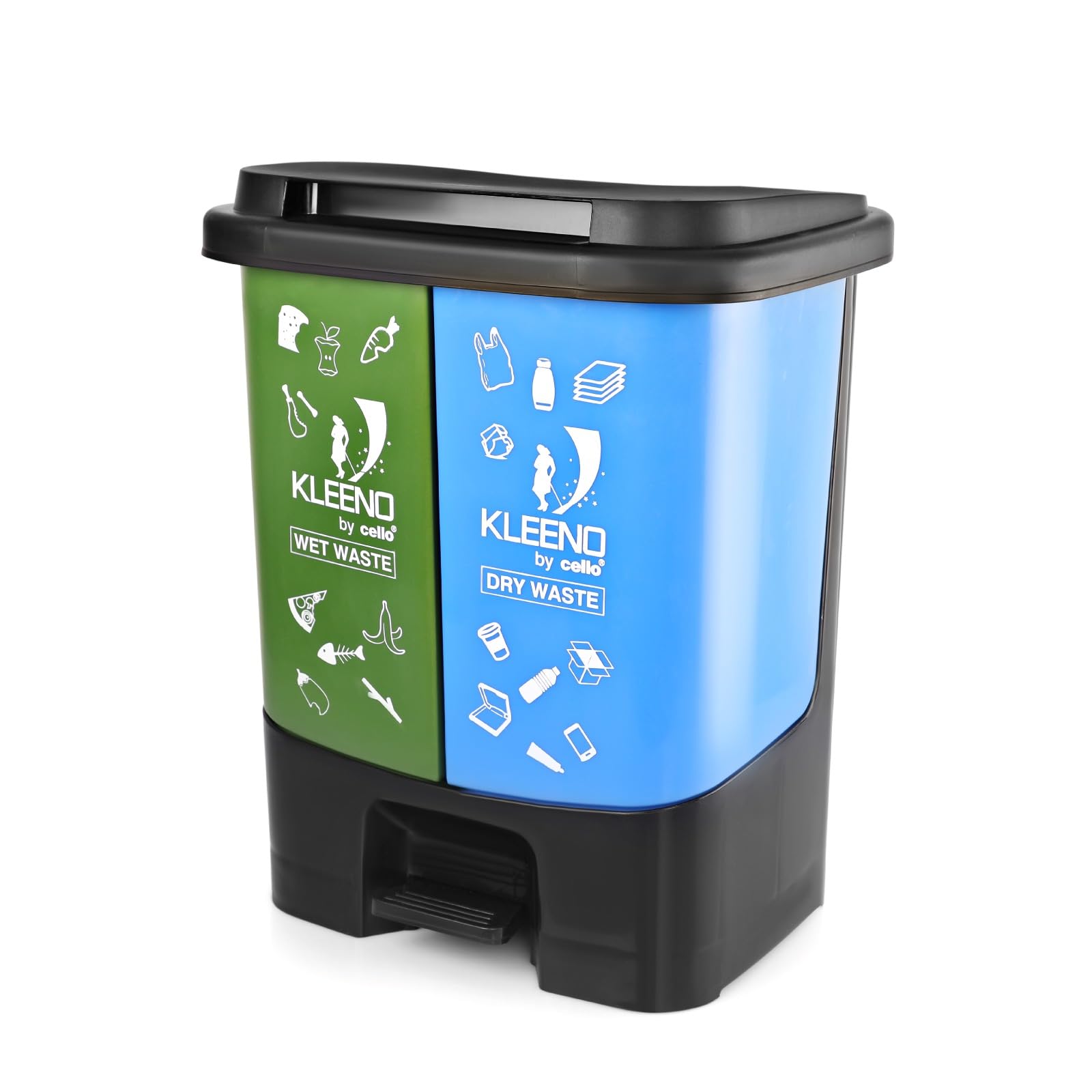 CELLO Duo Plastic Step-On Pedal Dustbin for Wet and Dry Waste| 2 In 1 Dustbin Trash Can/Plastic Garbage Bins with Lid for Home Kitchen | (35 Liters, Green and Blue)-image-43