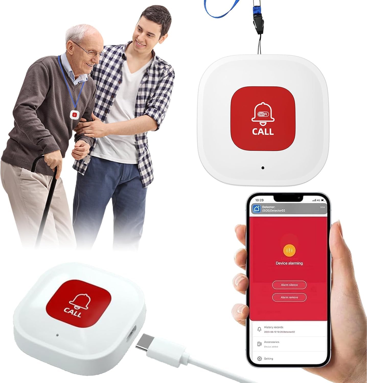 WIOONI WIOONI Smart Notrufknopf für Senioren, WiFi-Hausnotruf Handy, Tuya/Smart Life/Alexa-kompatibler Alarmknopf für Patienten, Kinder