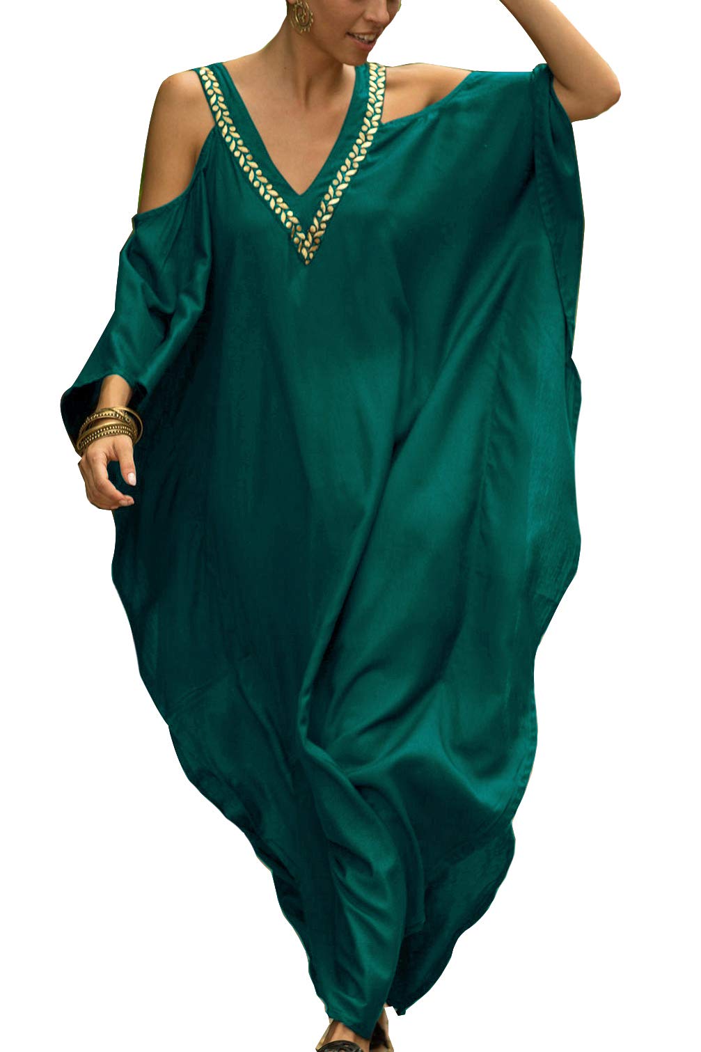 LikeJump Mujer Bohemia Floral Bordado Vestido de Playa Maxi Kaftan Kimono Pareos Bikini Cover Ups