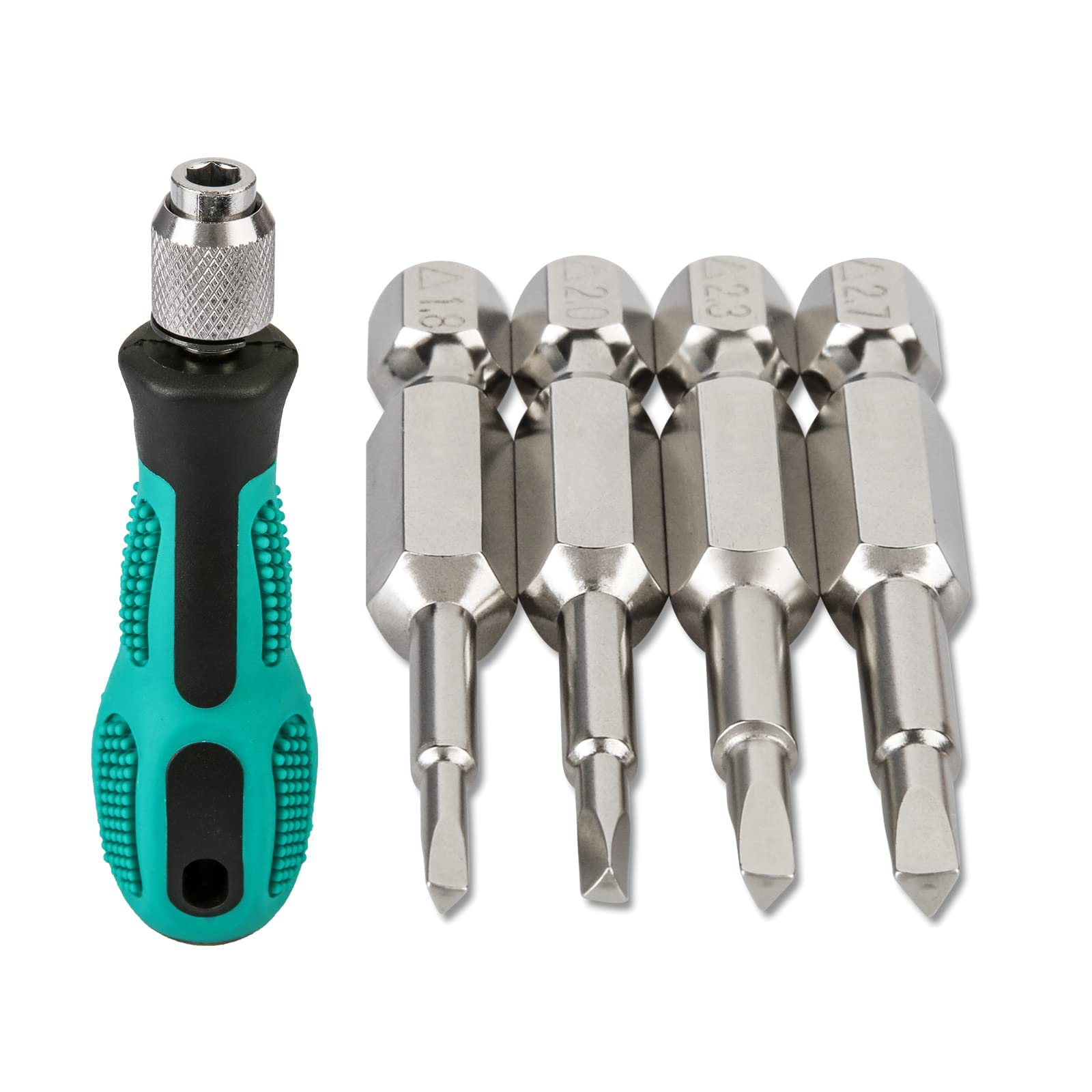 CYLBAQ 5PCS Magnetic Triangle Head Screwdriver Bits, 50mm 1/4" Hex Shank Triangular Screwdriver Bit Set(TA1.8 TA2.0 TA2.3 TA2.7), with 1pcs Mini Handle Screw Driver Bit for Glasses, Watch, Phone