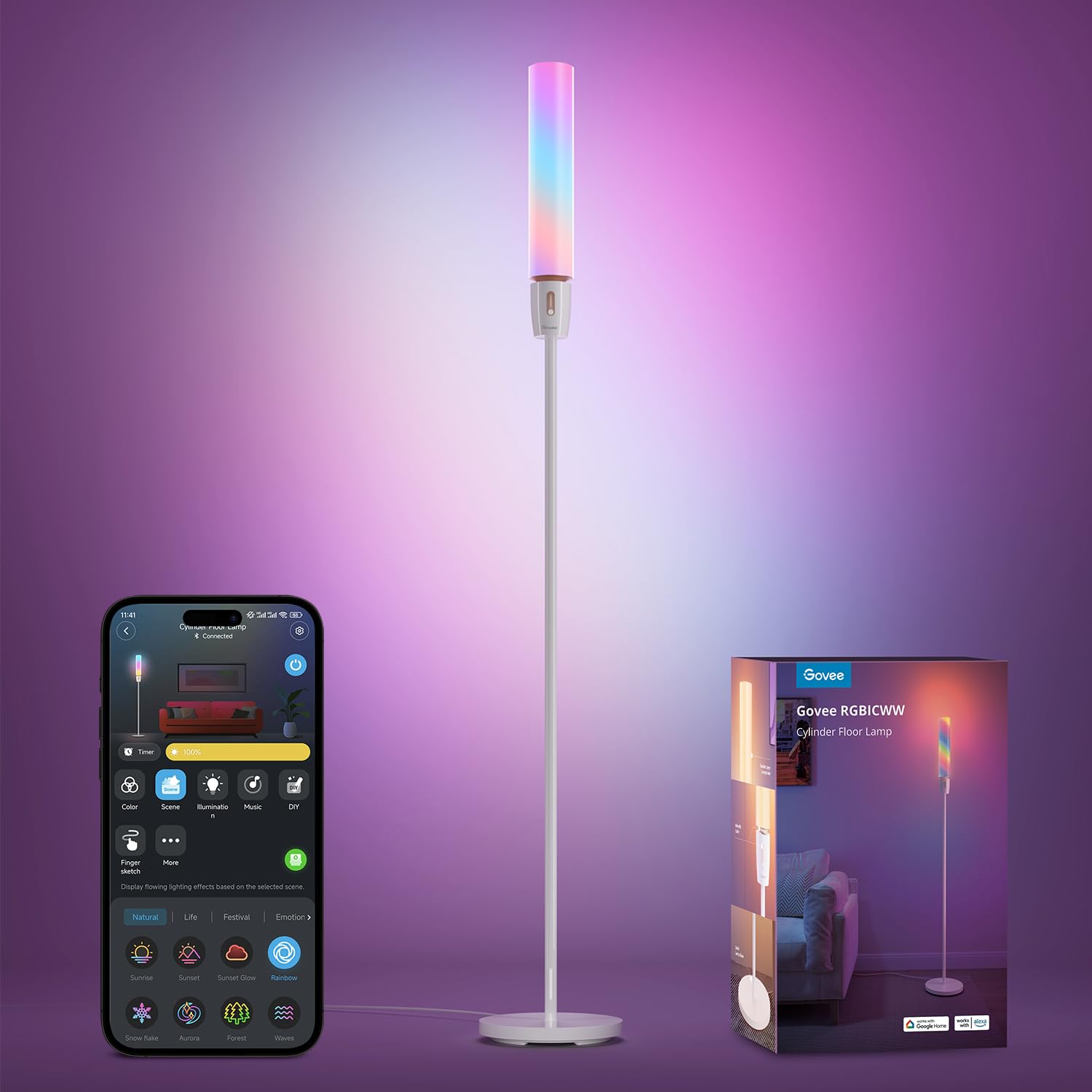 govee rgbic cylinder floor lamp led corner floor lamp with wi-fi app control smart lamp with 64 scenes diy mode music sync 1500 lumens modern lamp for bedroom living room