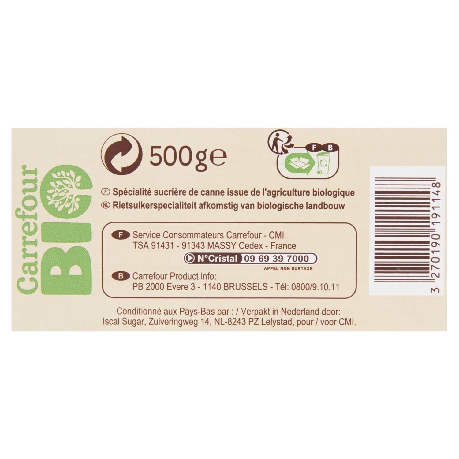CARREFOUR BIO Sucre Blond de Canne Morceaux Bio — Spécialité sucrière artisanale d'Amérique du Sud, 500 g - Lot de 4