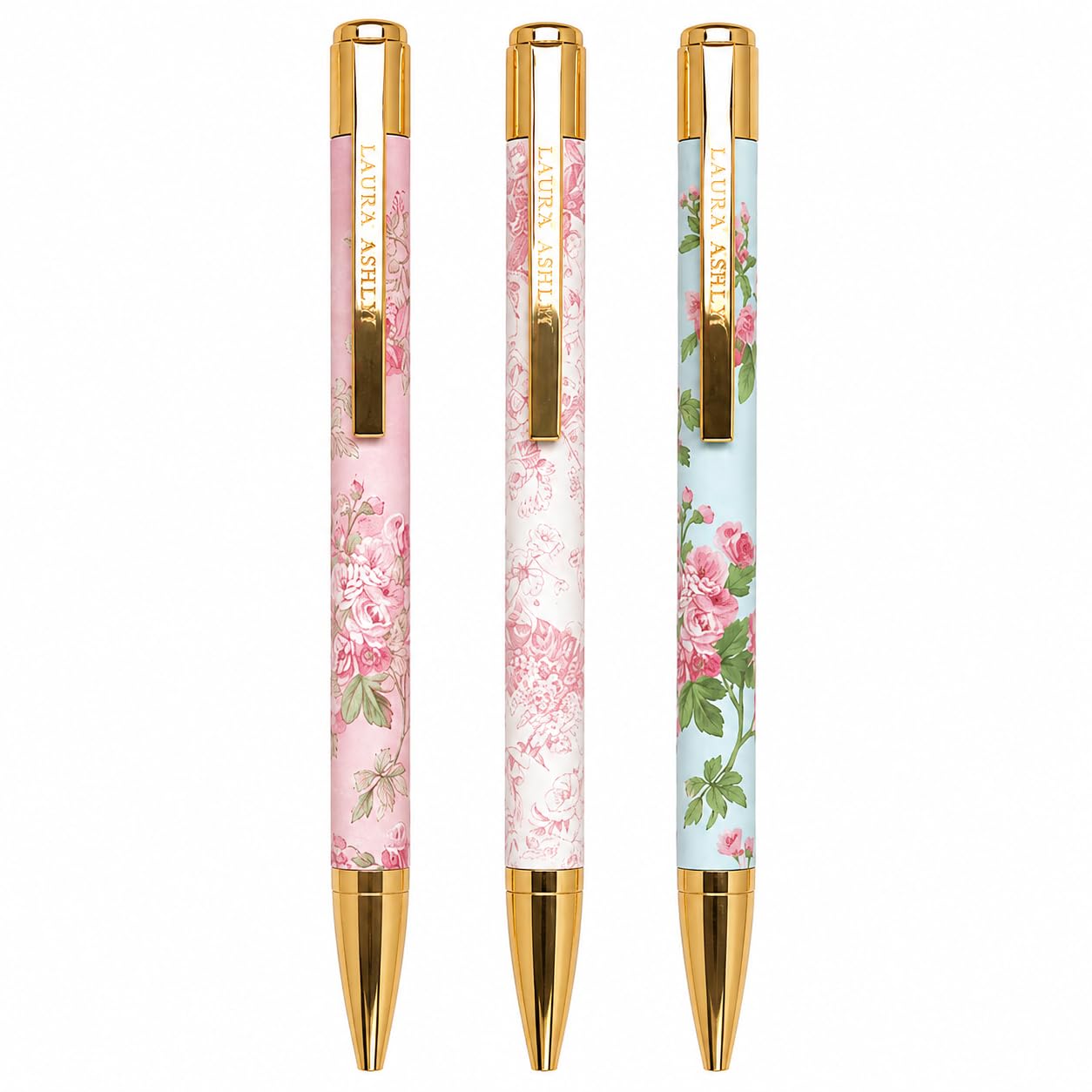 Photo 1 of Laura Ashley Refillable Ballpoint Pen Set 3 Pack Floral & Gold Accent Pens