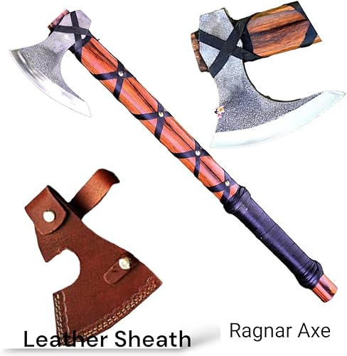 Miniatura 6 de Hacha vikinga de acero al carbono hecha a mano personalizada, hacha Ragnar Lothbrok de 19 pulgadas con funda de cuero, hacha de campamento y caza en