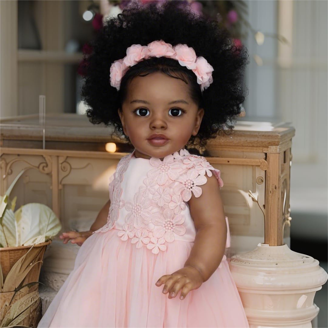 iCradle Reborn Toddler Dolls 26 inch 68 cm Black Biracial Reborn Baby Doll - African American & Biracial Mixed-Race Skin, Curly Rooted Hair & Standing Pose Feeding Kit & Gift for Kids