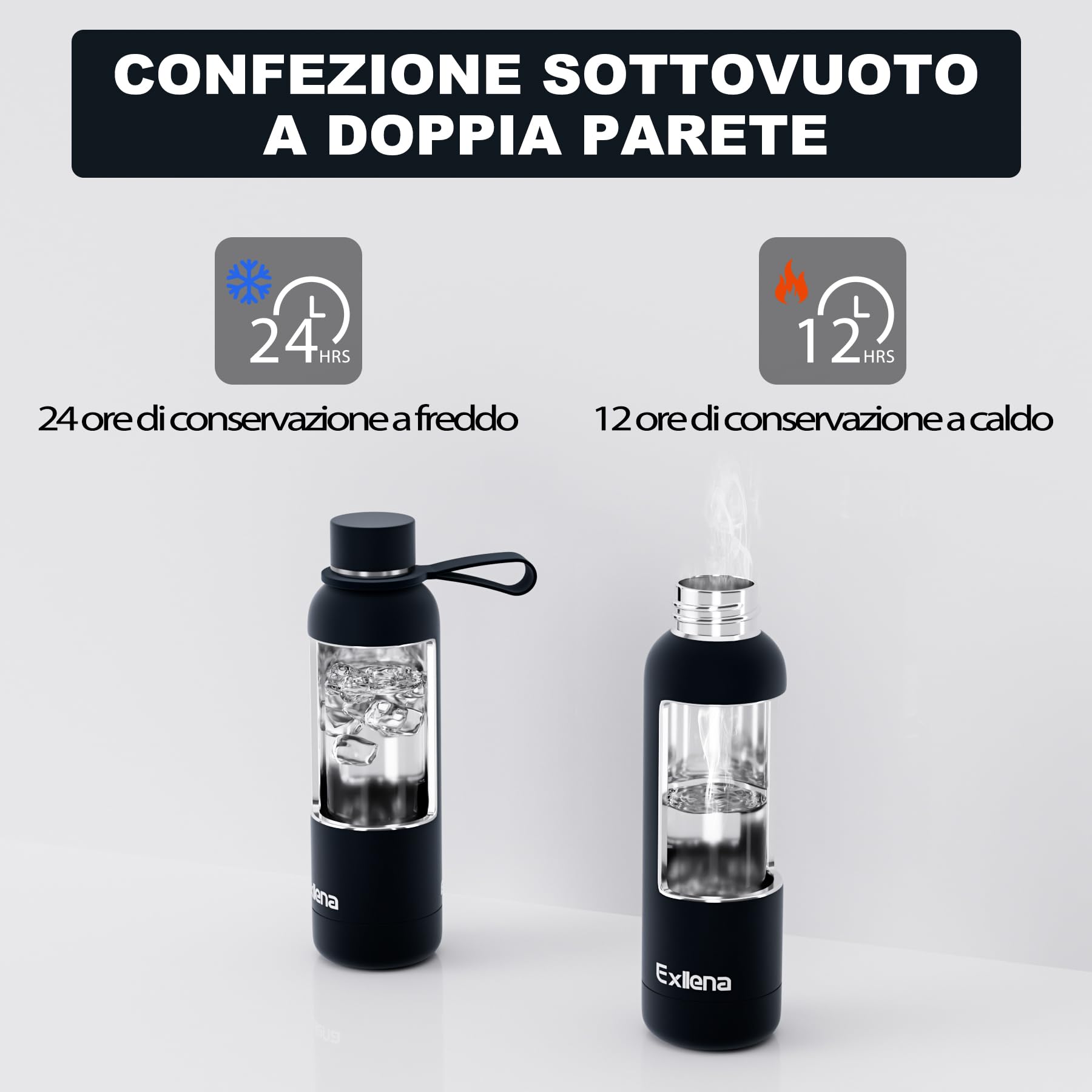 Exllena Borraccia Termica 500 ml - Bottiglia Termica Doppio Vuoto Mantenere Calore/Freddo - Senza BPA - 100% A Tenuta Stagna con Anello per Tote (Nero)