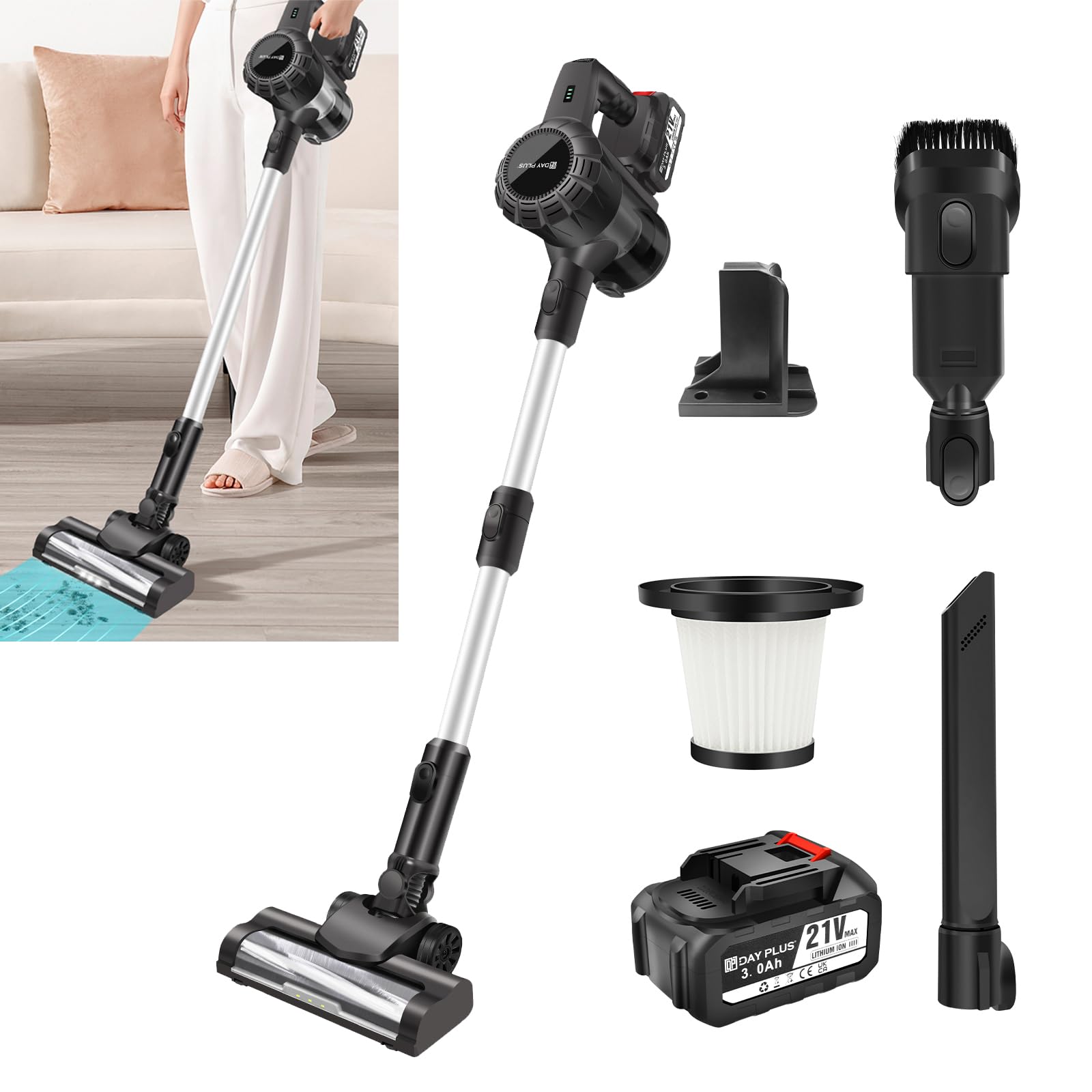 Fieety 45 Kpa/550 W - Aspirapolvere senza fili, 60 min, potente con touch screen ricaricabile, supporto da parete, 1,5 l aspirapolvere per tappeti, pavimenti duri e peli di animali