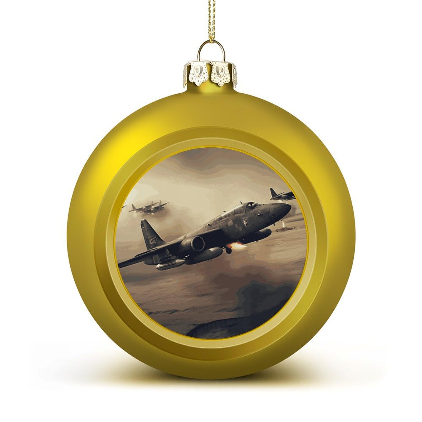 Boules de Noël avion de guerre dorées décoration incassable de 6 cm pour sapin festif
