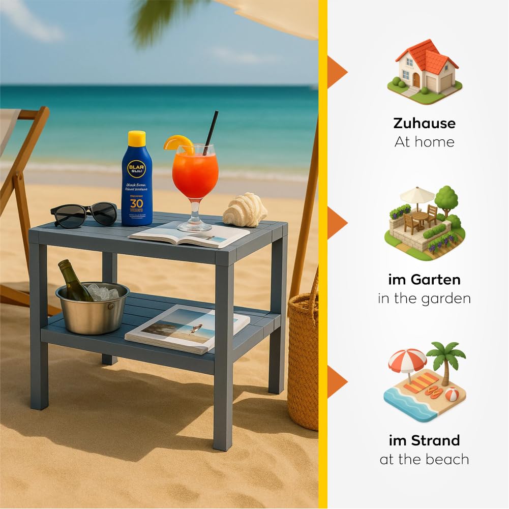 sugodesign OMBEG 2-stöckiger Mehrzweck-Beistelltisch, Nachttisch, Rechteckig, Wasserfester Kunststoff, Tragkraft 10 kg pro Boden, für Bad, Küche, Balkon, Schlafzimmer (grau)