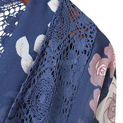 Image of Chunoy Women Short Sleeve Kimono Cardigan Open Front Back Hollow Out Cover Up Blouse Top Blue Medium