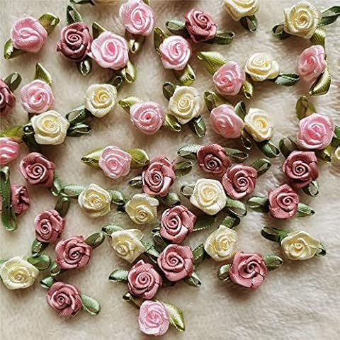 100pcs Multicoloured Satin Ribbon Rose Appliques Cover