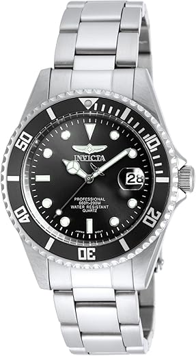 Invicta Stainless Steel Pro Diver Analog Black Dial Watch for Men – 8932Ob, Silver Band