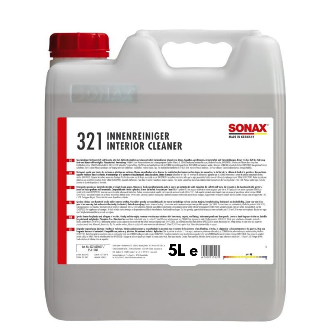 SONAX Detergente universale interni auto (5L) pulisce vetri, pelle, alcantara, plastiche e display. Con Formula ECOCERT nel rispetto dell'ambiente | Art. N. 02535050