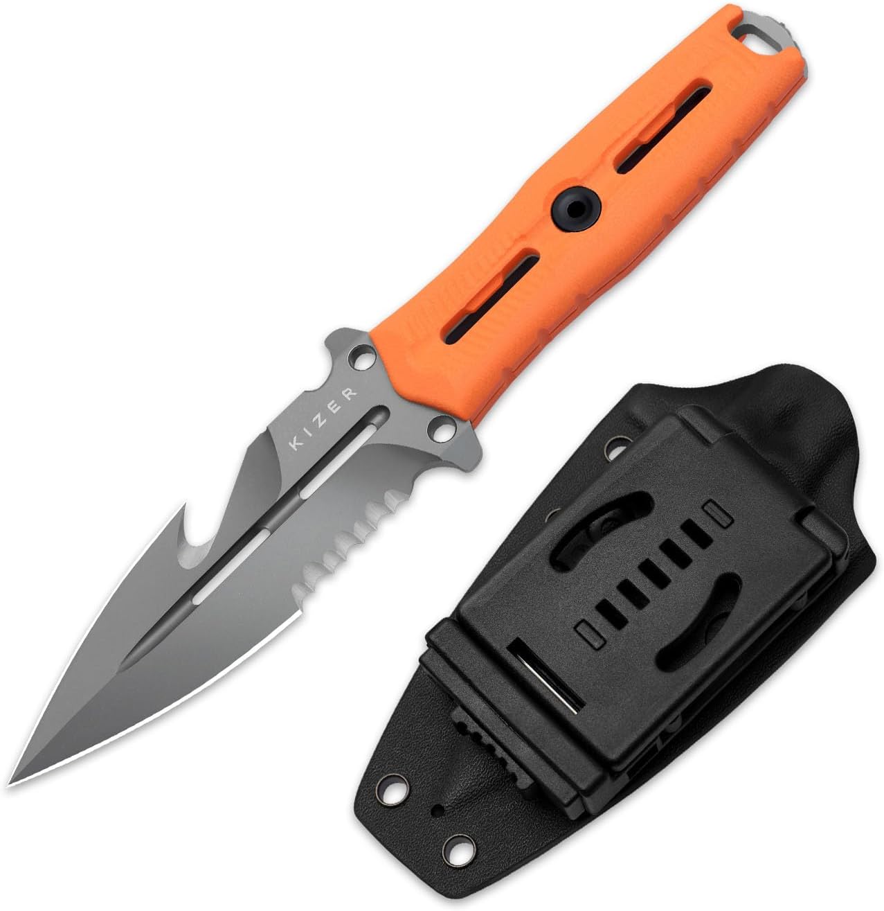 Kizer NORCROSS Fixed Blade Knife, 4.09" Double Edge Nitro V Blade Hunting Knife with Glass-Breaker & Tritium Vial Slot, Camping Survival Knives with Orange 3D Biomimetic G10 Handle & Sheath, ZX-FB01A5