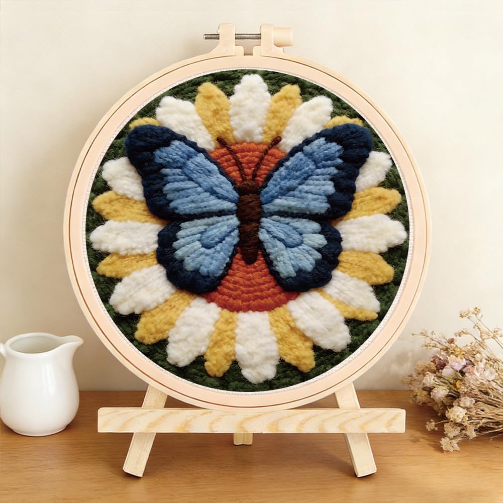 FREEBLOSS DIY Butterfly Punch Needle Kit for Beginners Embroidery Punch Needle Starter Craft Set with Instructions Frame Embroidery Kit for Adults Gift Decoration, 7.9"/20cm