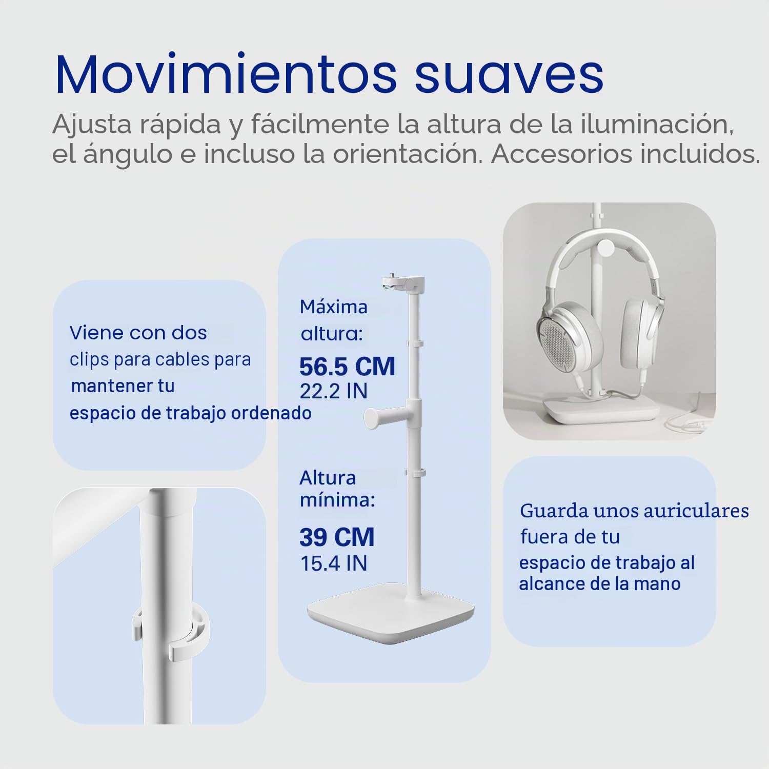 Elgato Stand para Key Light Neo – Soporte de Escritorio con Base Pesada, Altura e inclinación Ajustables, Soporte para Auriculares, Blanco Limpio – para Key Light Neo o Facecam Neo