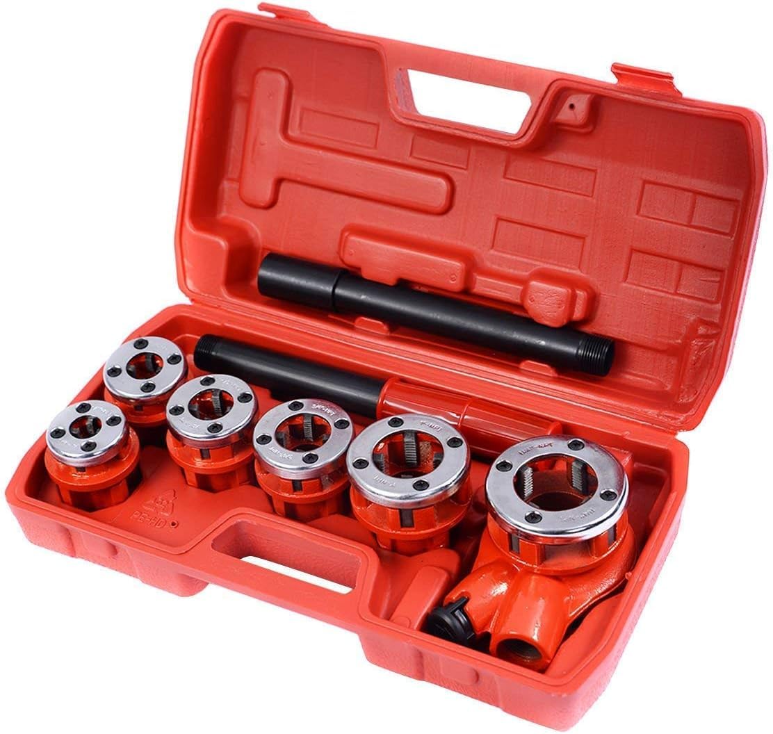 Kit de roscado de tubo de trinquete con 6 troqueles y estuche de almacenamiento, juego de enhebrador manual portátil con trinquete de mango